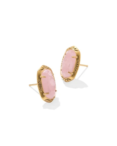 Ellie Vintage Gold Etch Frame Stud Earrings Rose Quartz
