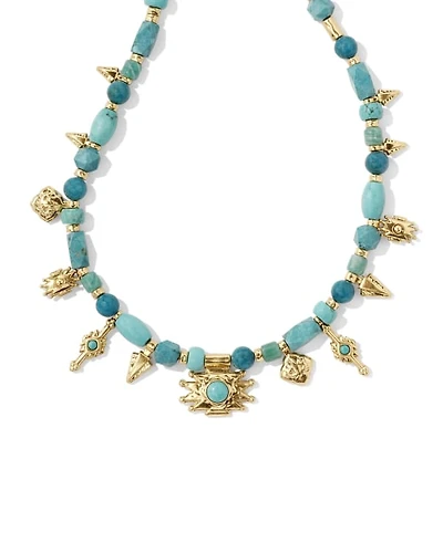 Shera Vintage Gold Beaded Charm Necklace Teal Mix
