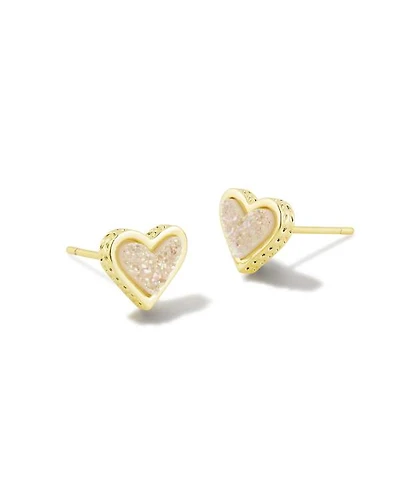 Framed Ari Heart Gold Stud Earrings Iridescent Drusy