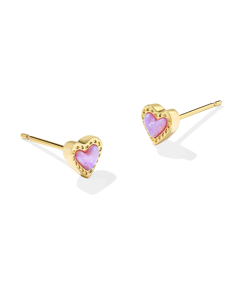 Mini Ari Heart Gold Stud Earrings in Bubblegum Pink Lab Grown Opal