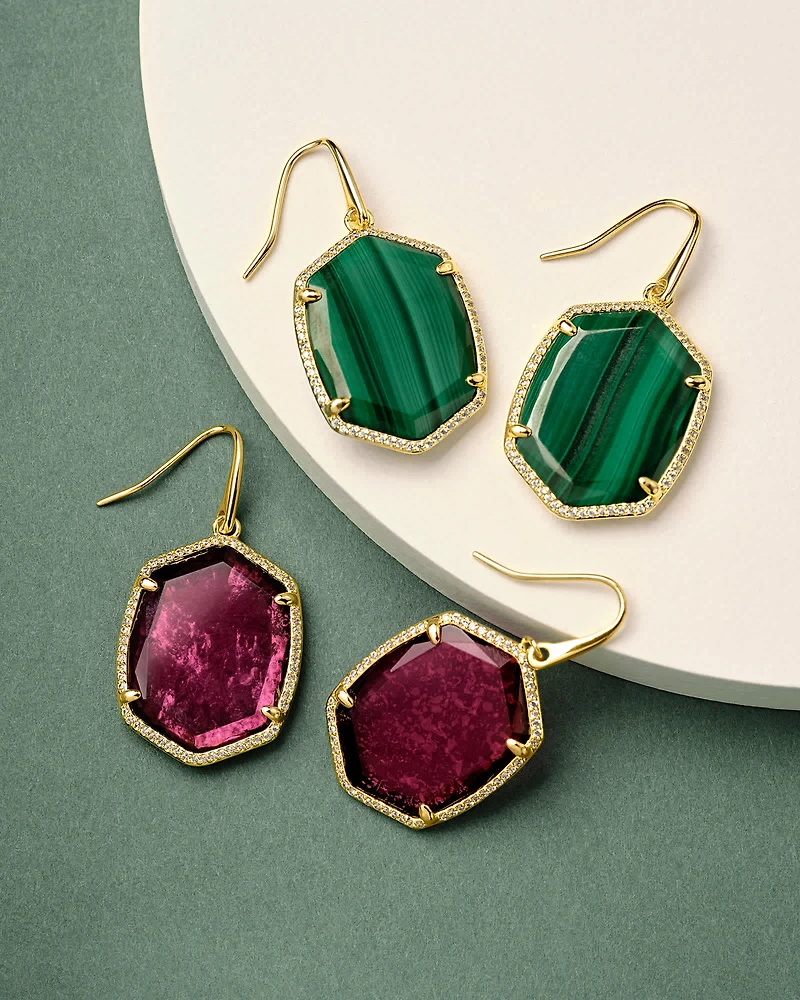 Daphne Gold Pave Frame Drop Earrings in Green Malachite