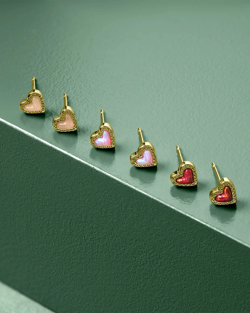 Mini Ari Heart Gold Stud Earrings in Rose Quartz