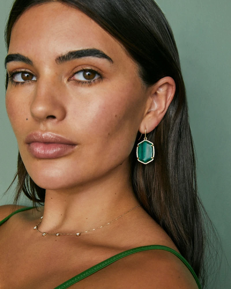 Daphne Gold Pave Frame Drop Earrings in Green Malachite