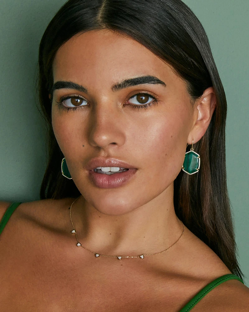 Daphne Gold Pave Frame Drop Earrings in Green Malachite