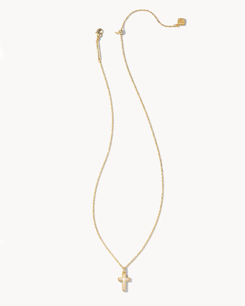 Cross Gold Pendant Necklace in White Lab Grown Opal