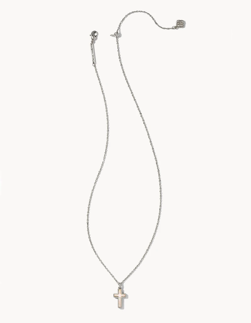 Cross Silver Pendant Necklace in White Lab Grown Opal