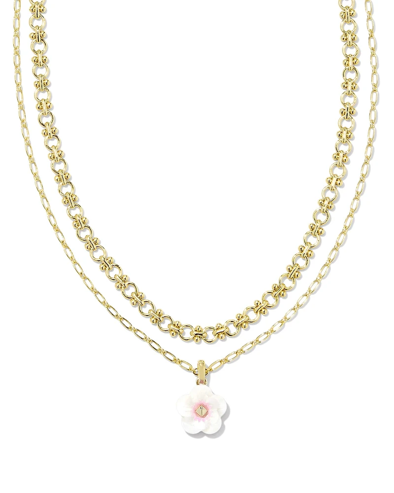 Deliah Gold Multi Strand Necklace in Iridescent Pink White Mix