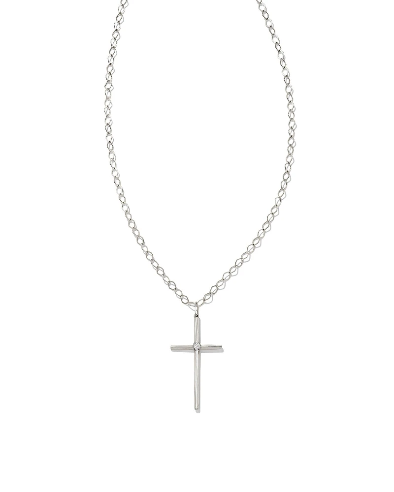 Thin Cross 14k White Gold Charm in White Diamond