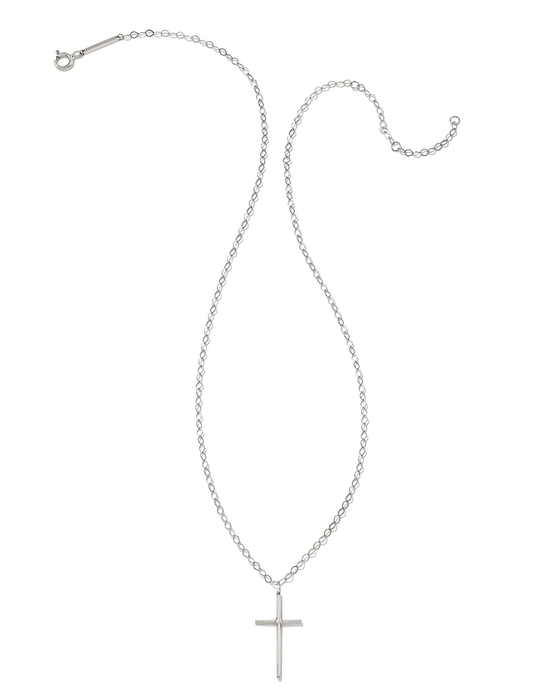 Thin Cross 14k White Gold Charm in White Diamond