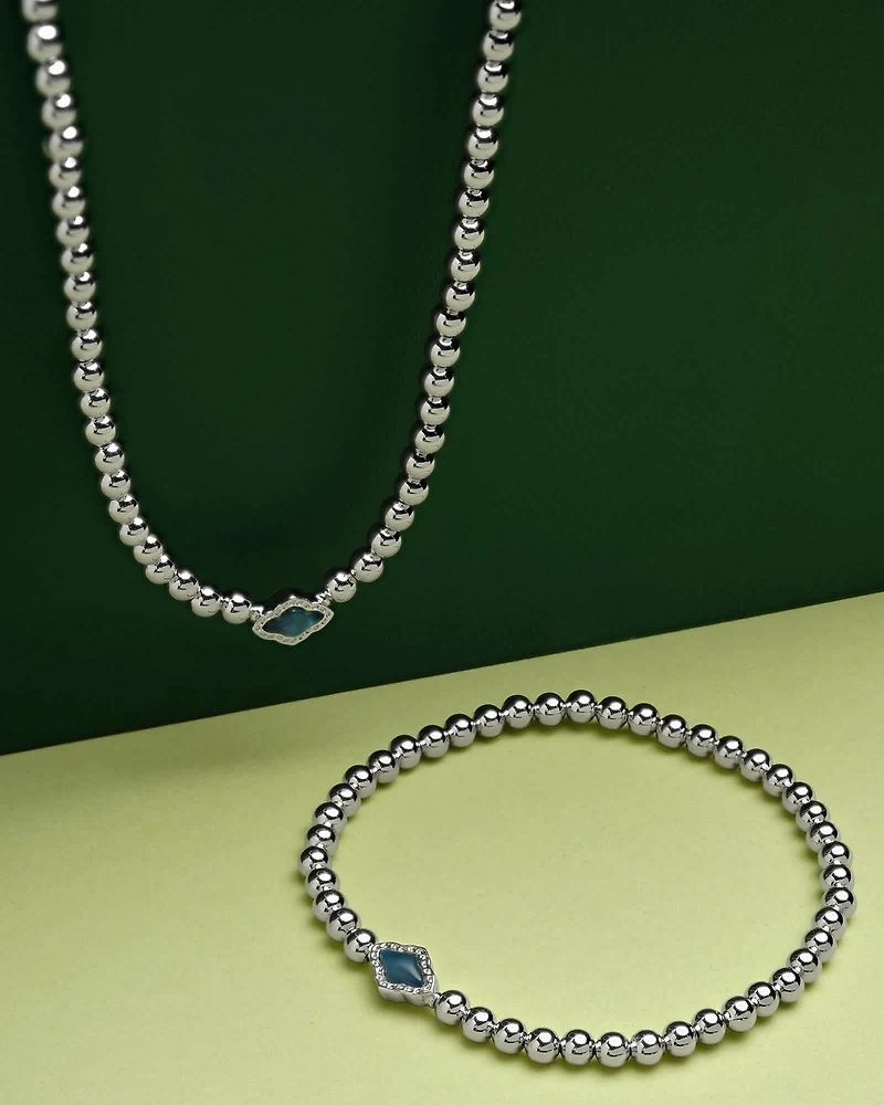 Abbie Silver Beaded Stretch Bracelet in Light Blue Mother-of-Pearl