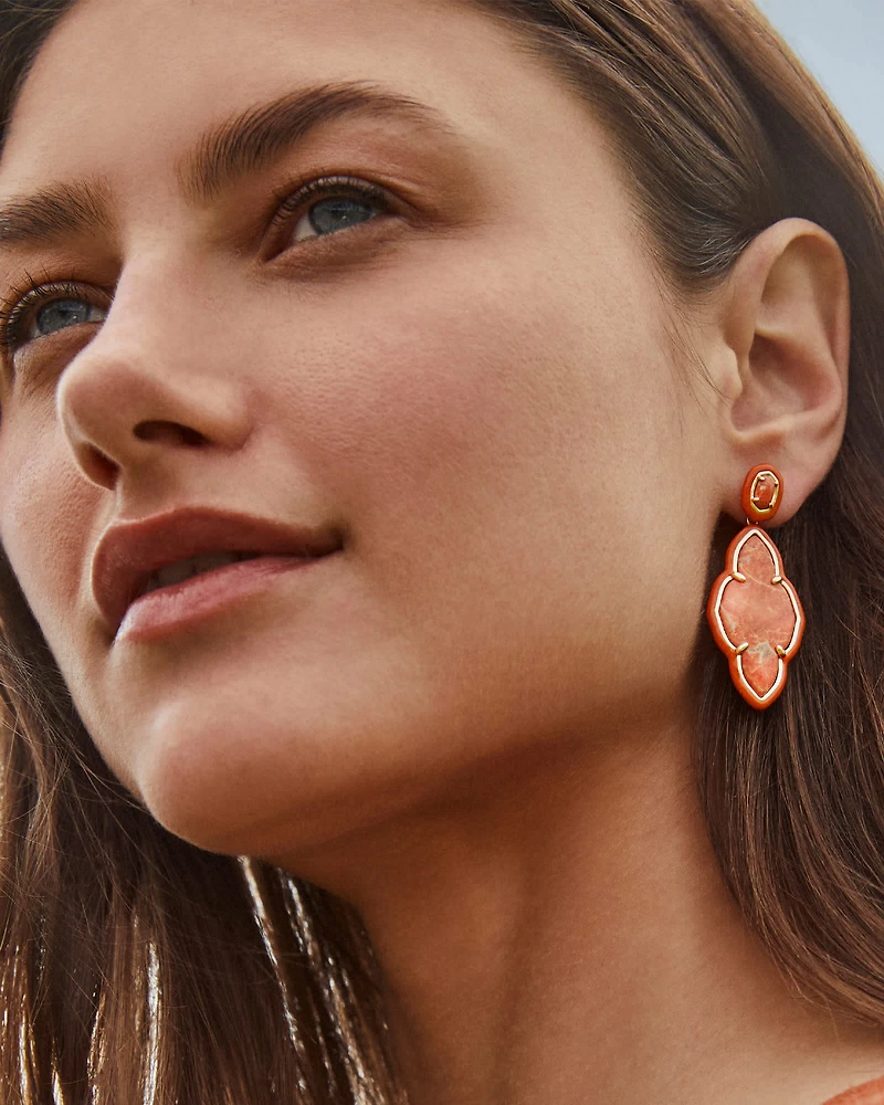 Abbie Gold Enamel Frame Statement Earrings Variegated Orange Magnesite