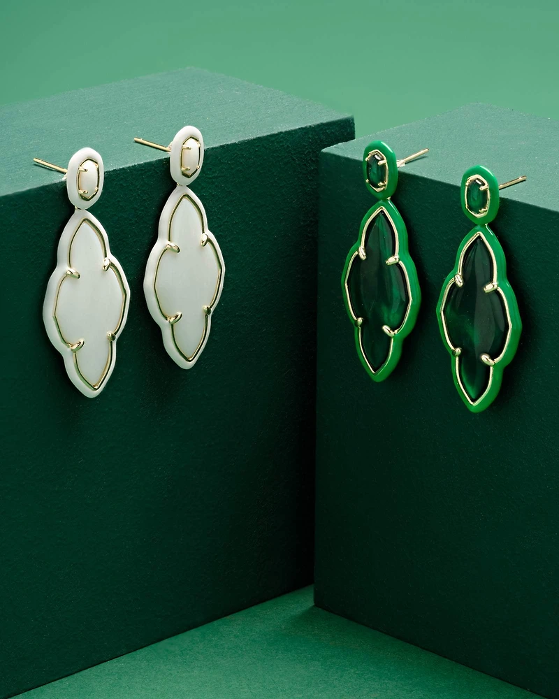 Abbie Gold Enamel Frame Statement Earrings Variegated Orange Magnesite