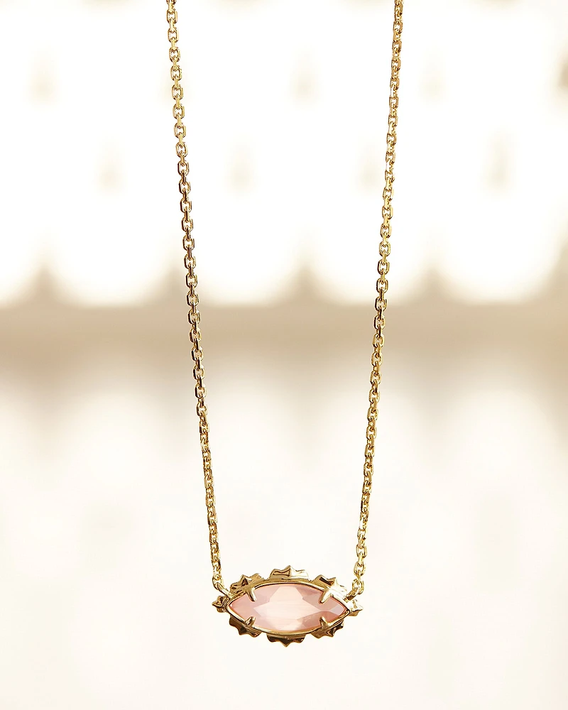 Genevieve Gold Short Pendant Necklace in Luster Plated Pink Cat's Eye Glass