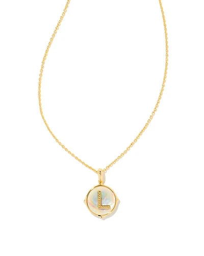 Letter L Gold Disc Reversible Pendant Necklace in Iridescent Abalone