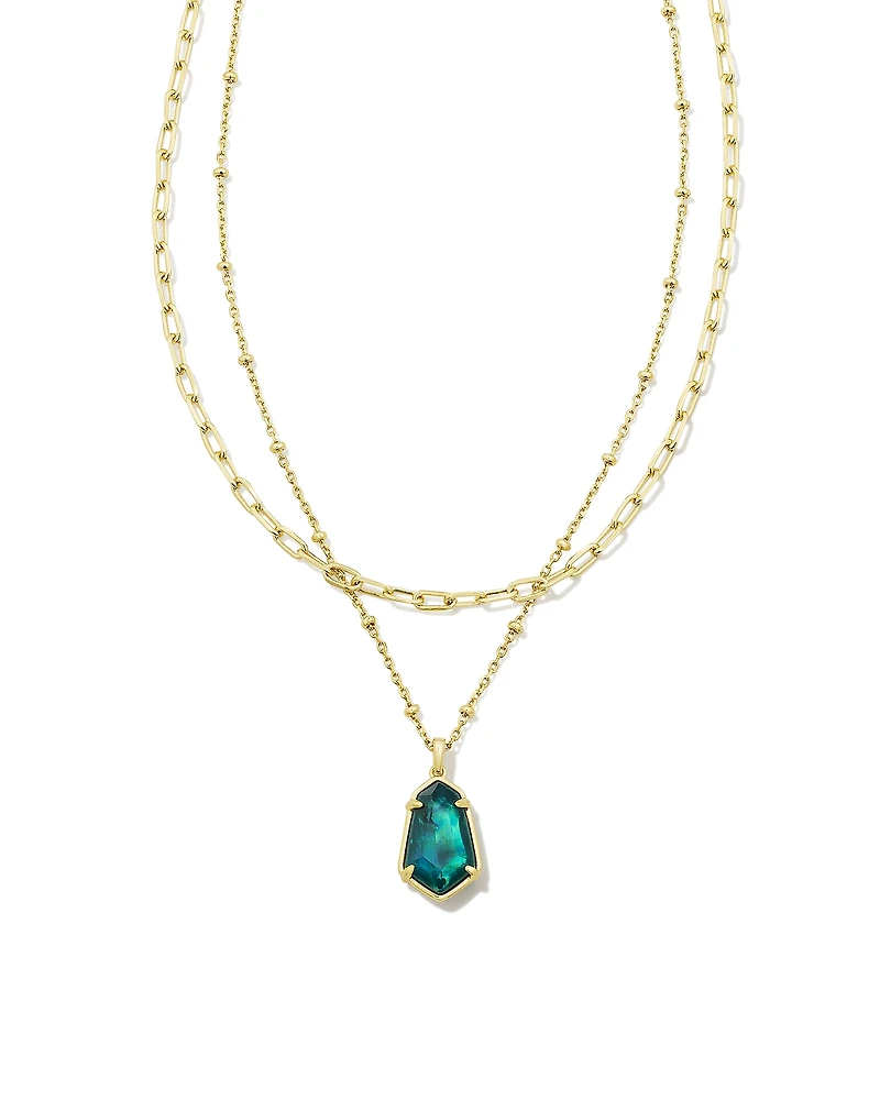Alexandria Gold Multi Strand Necklace in Teal Green Illusion