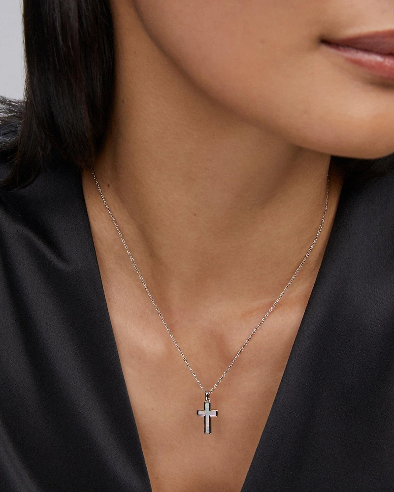 Cross Silver Pendant Necklace in White Lab Grown Opal