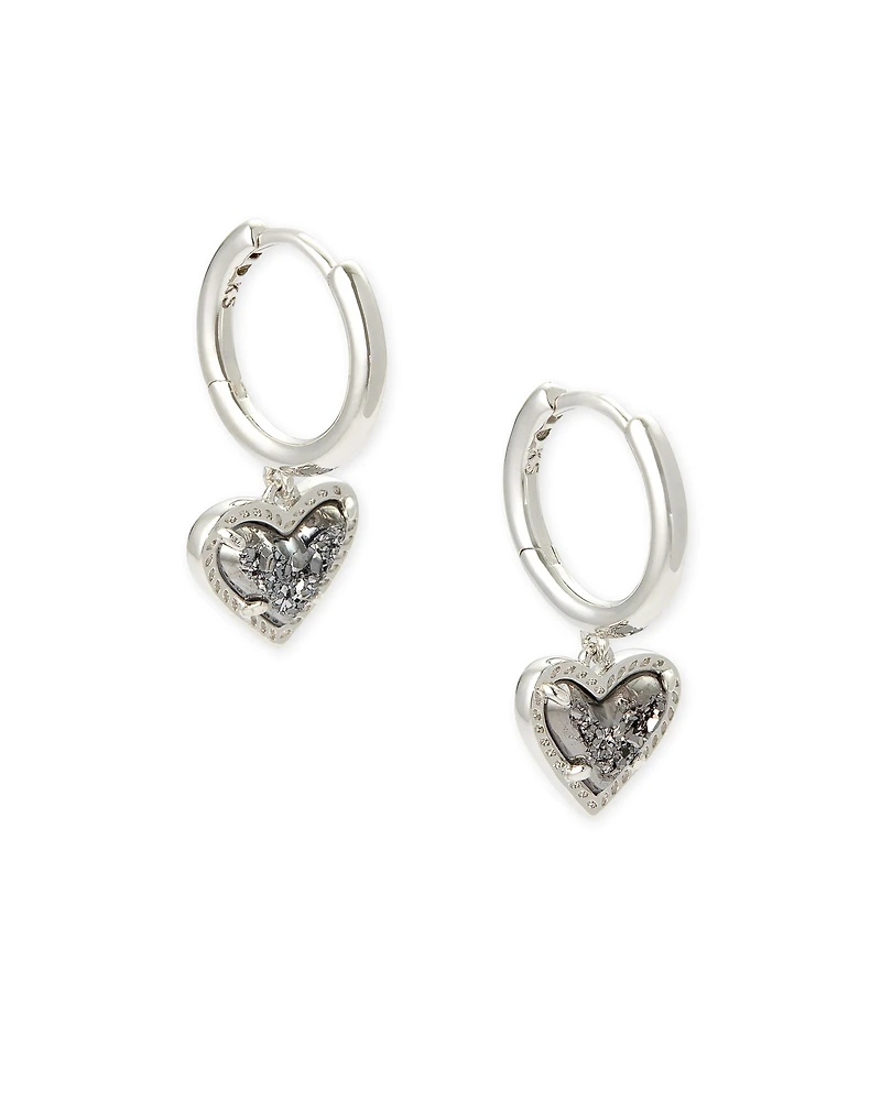 Ari Heart Silver Huggie Earrings Pink Iridescent Glitter Glass