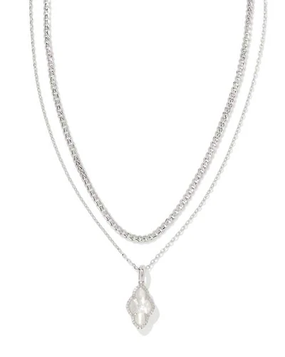 Abbie Silver Pave Frame Multi Strand Necklace in Ivory Mother-of-Pearl