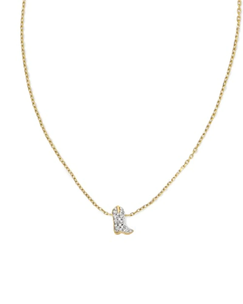 Tiny Cowboy Boot 14k Yellow Gold Pendant Necklace White Diamond