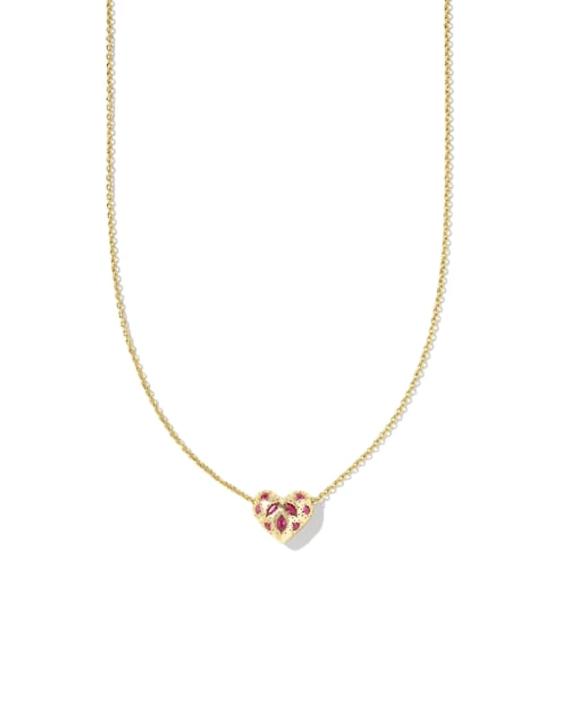 Holland Gold Heart Short Pendant Necklace in Pink Crystal