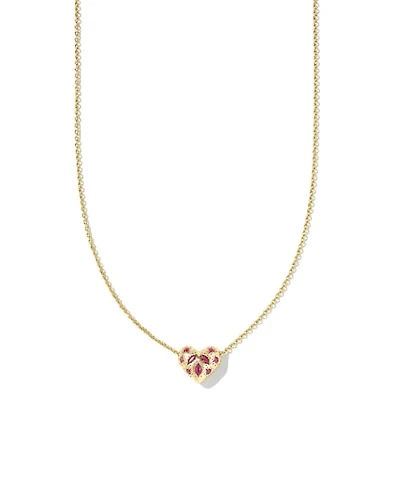 Holland Gold Heart Short Pendant Necklace in Pink Crystal