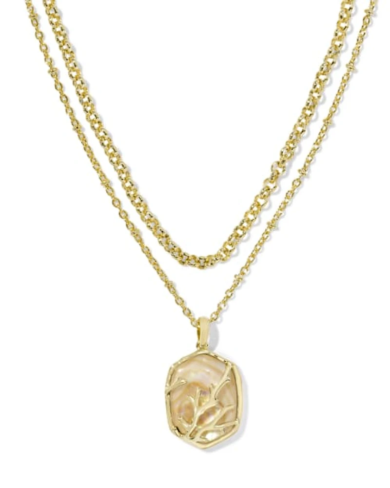 Daphne Gold Coral Frame Multi Strand Necklace Rose Quartz