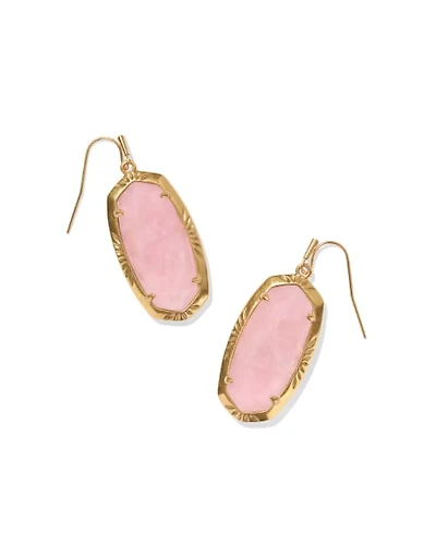 Elle Vintage Gold Etch Frame Drop Earrings in Rose Quartz