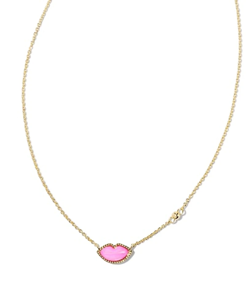 Lips Gold Pendant Necklace Hot Pink Mother-of-Pearl