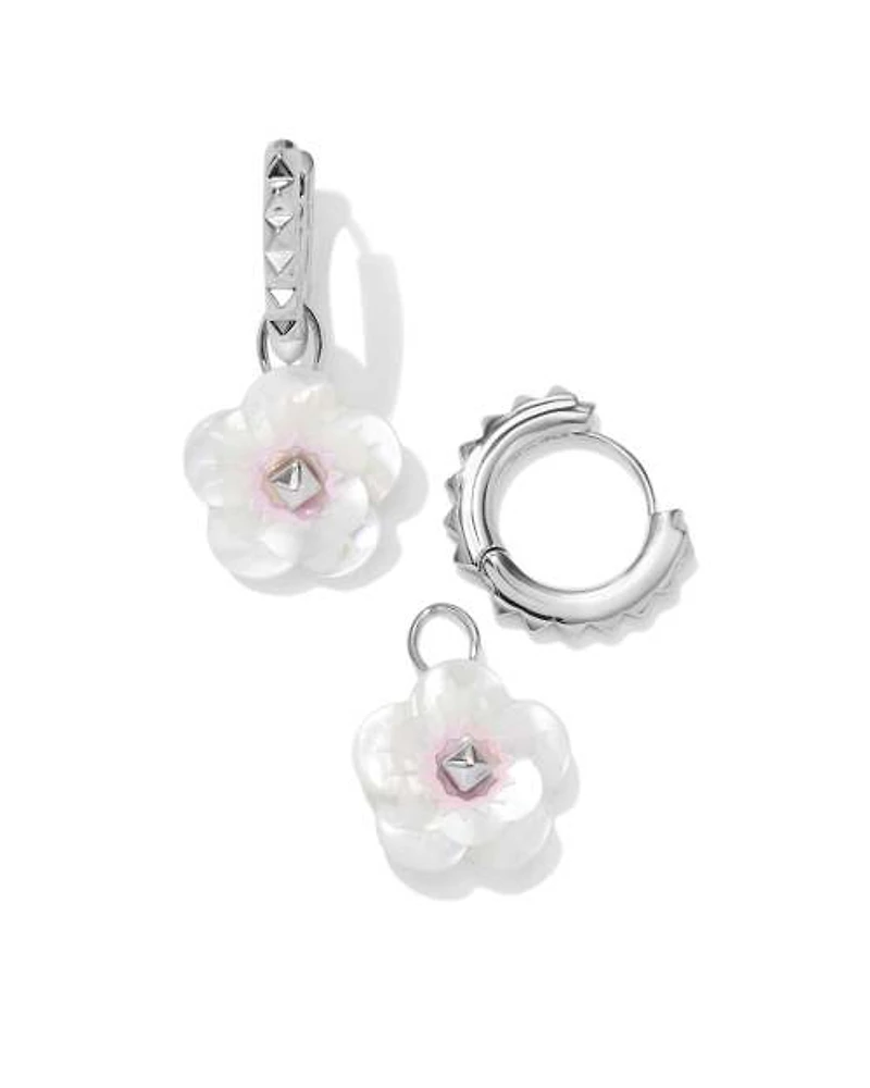 Deliah Convertible Silver Huggie Earrings in Iridescent Pink White Mix