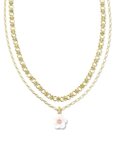 Deliah Gold Multi Strand Necklace Iridescent Pink White Mix