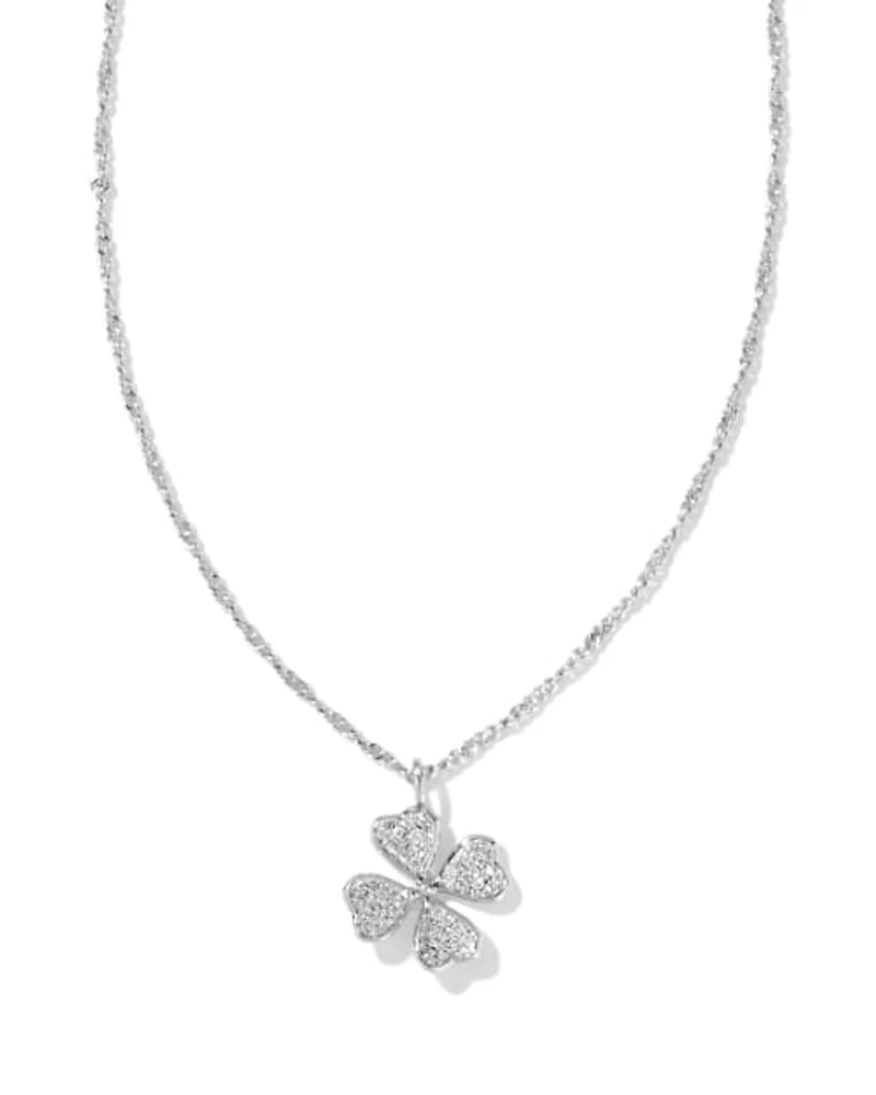 Clover Silver Crystal Short Pendant Necklace in White CZ