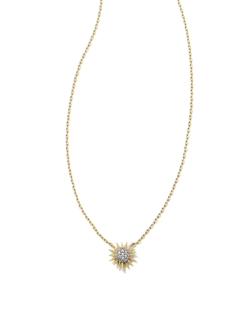 Tiny Sunburst 14k Yellow Gold Pendant Necklace in White Diamond