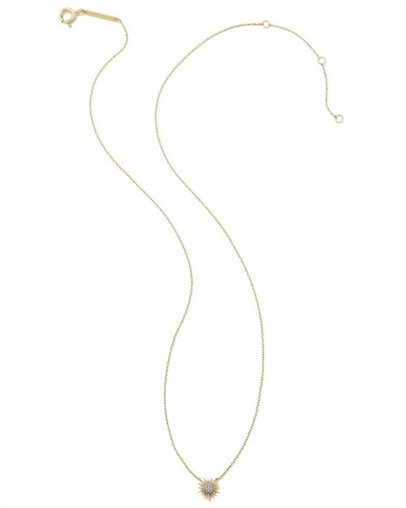 Tiny Sunburst 14k Yellow Gold Pendant Necklace in White Diamond