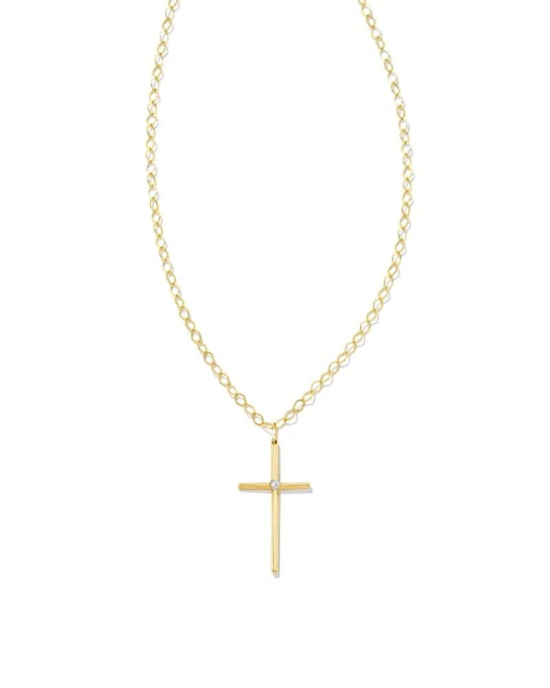 Thin Cross 14k Yellow Gold Charm White Diamond