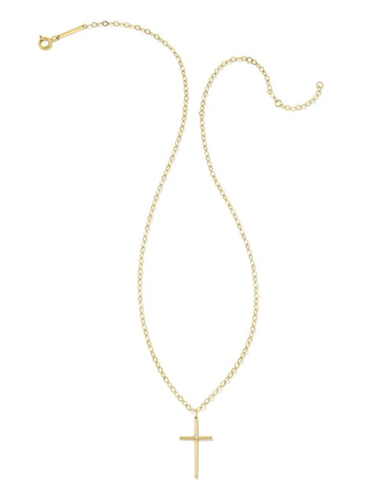 Thin Cross 14k Yellow Gold Charm White Diamond