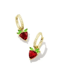 Strawberry Gold Huggie Earrings Dark Pink Crystal