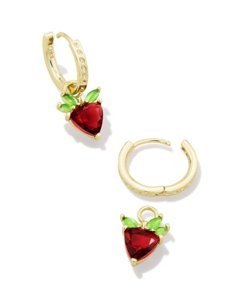 Strawberry Gold Huggie Earrings Dark Pink Crystal