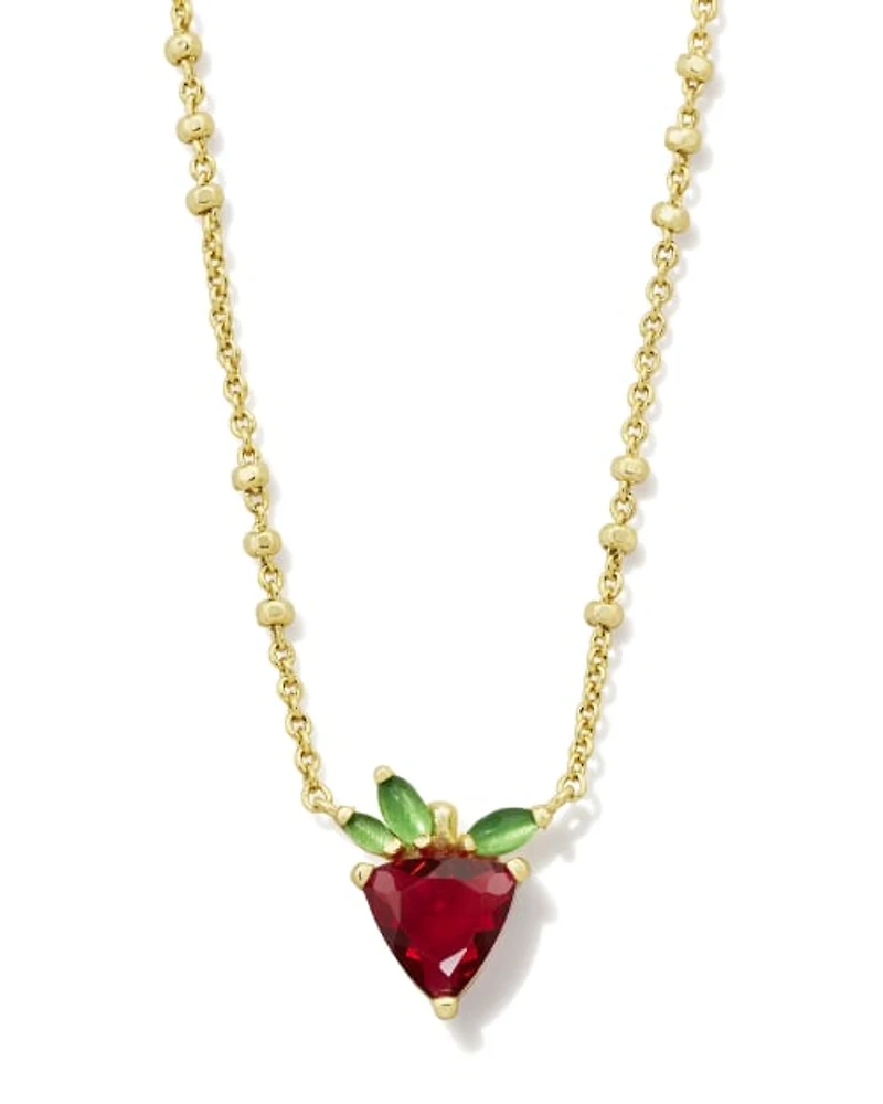 Strawberry Gold Short Pendant Necklace Dark Pink Crystal