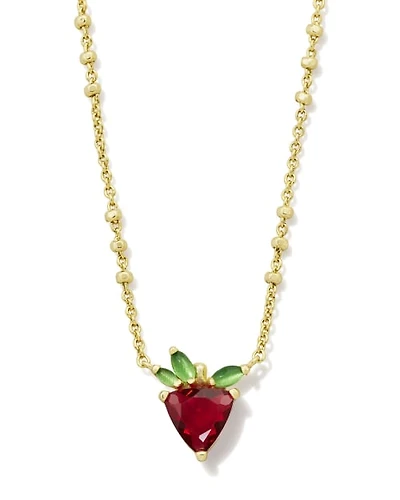 Strawberry Gold Short Pendant Necklace Dark Pink Crystal