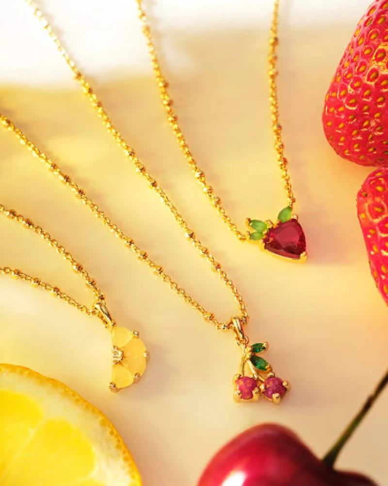 Strawberry Gold Short Pendant Necklace Dark Pink Crystal
