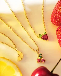 Strawberry Gold Short Pendant Necklace Dark Pink Crystal