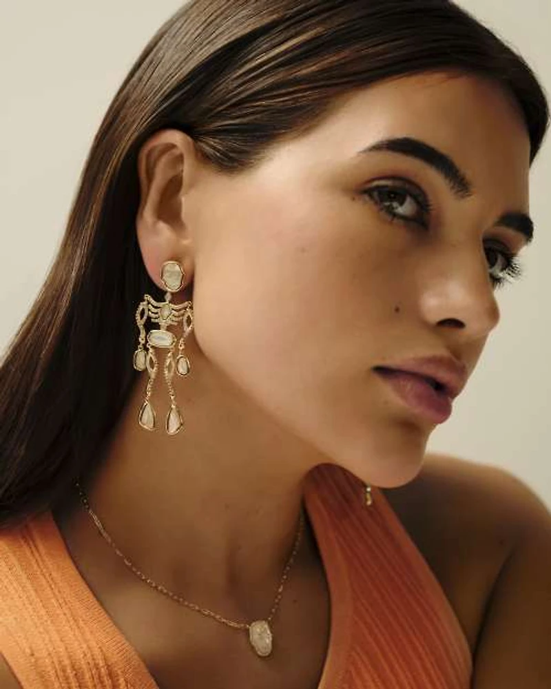 Skeleton Gold Statement Earrings Ivory Mother-of-Pearl