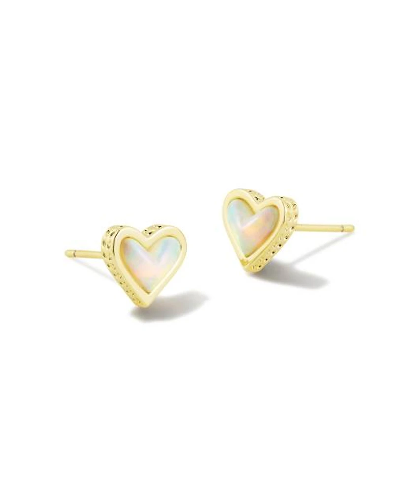 Framed Ari Heart Gold Stud Earrings Iridescent Drusy