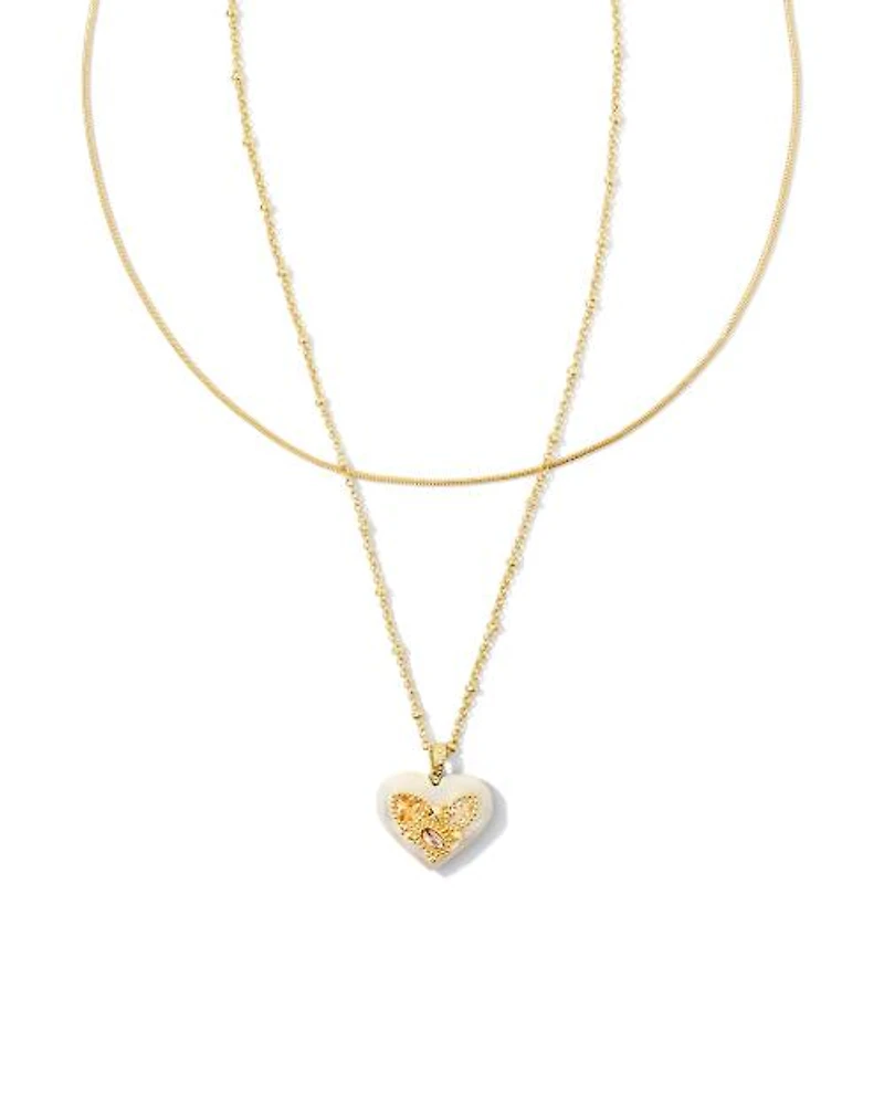 Penny Gold Heart Multi Strand Necklace Green Mix