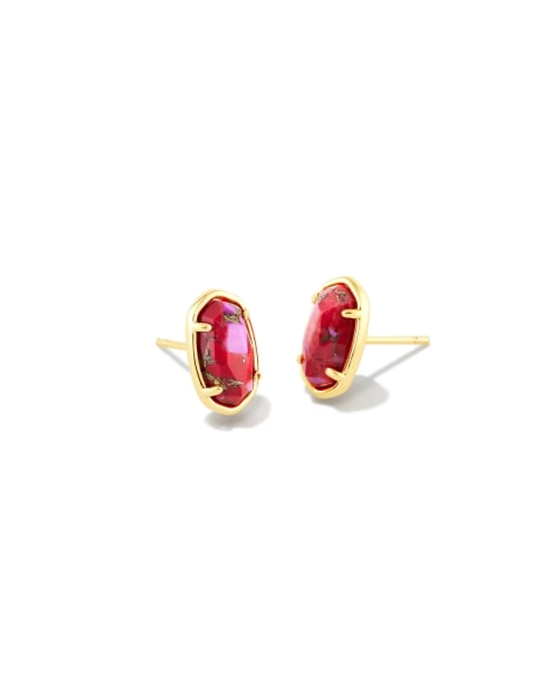 Grayson Gold Stone Stud Earrings Bronze Veined Red and Fuchsia Magnesite