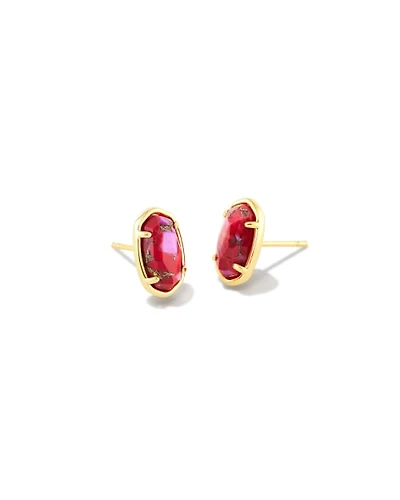 Grayson Gold Stone Stud Earrings Bronze Veined Red and Fuchsia Magnesite