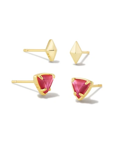 Greta Gold Stud Earrings Set of 2 Magenta Illusion