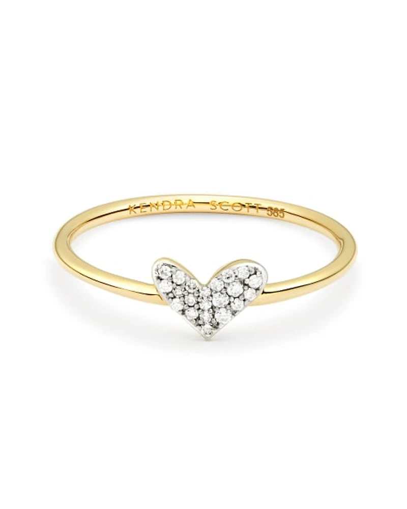 Heart 14k Yellow Gold Band Ring White Diamond