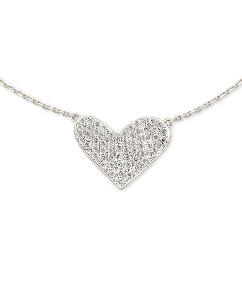 Large Heart 14k White Gold Pendant Necklace in White Diamond
