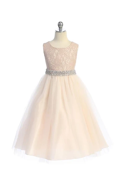 KD524B Long Lace Dress w/ Thick Rhinestone Trim SIZE:2-14 COLORS:BLUSH, OFF WHITE